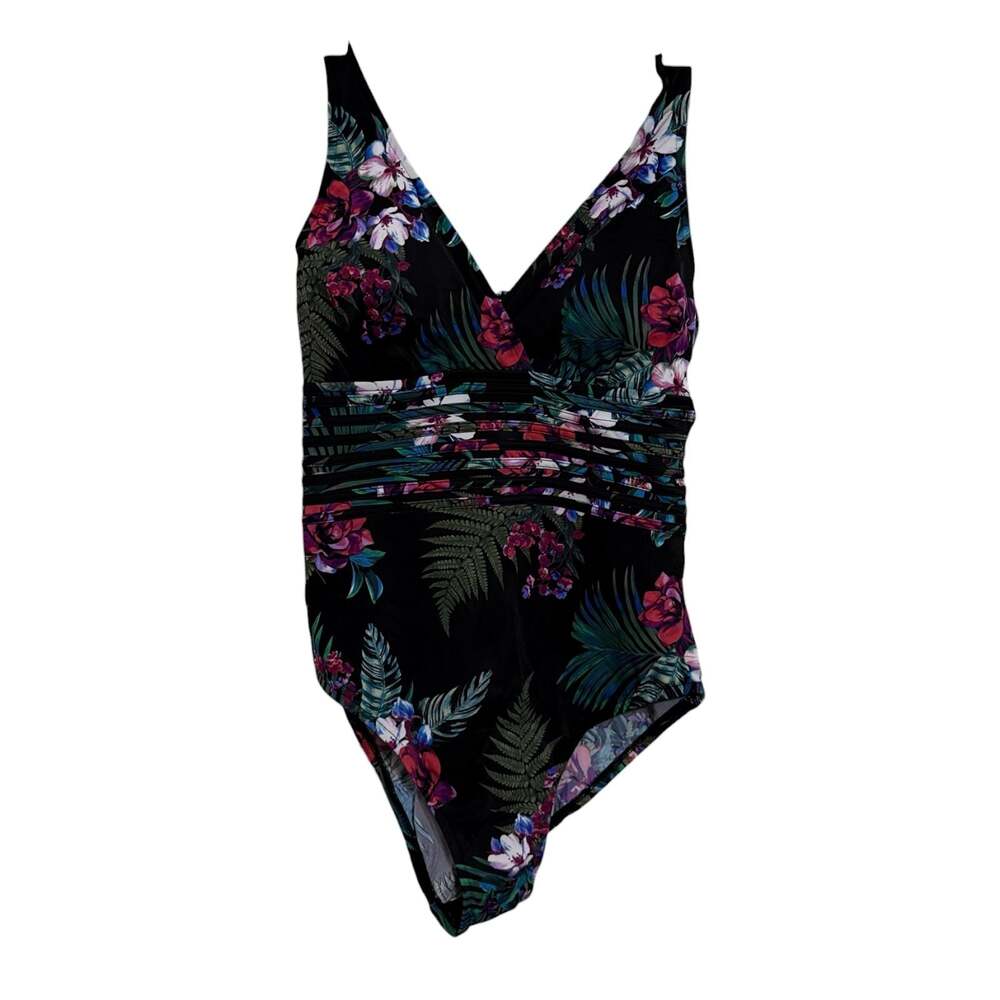 Size Large Aqua Green Women's Tropical Floral Print V-Neck One-Piece Swimsuit
